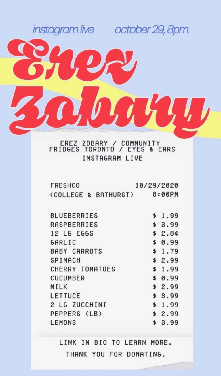 Erez Zobary announces Instagram Live concert in support of local initiative, Community Fridges Toronto.