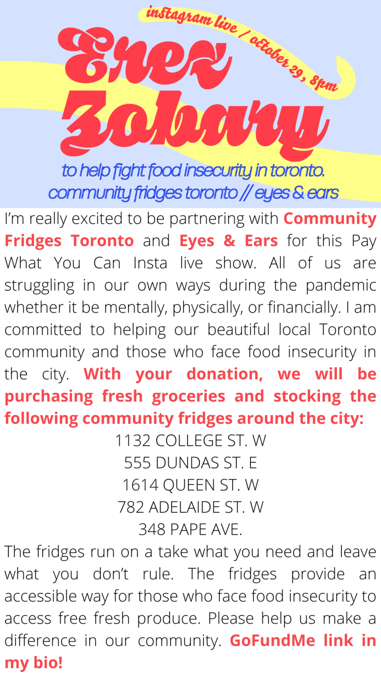 Erez Zobary announces Instagram Live concert in support of local initiative, Community Fridges Toronto.